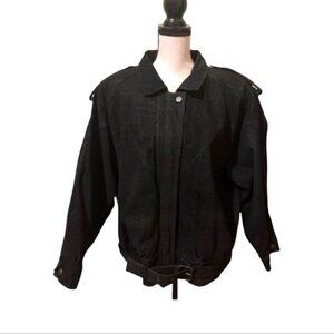 B.B. Dakota Vintage Black Leather Belted Jacket Snap Button Details & Epaulets L